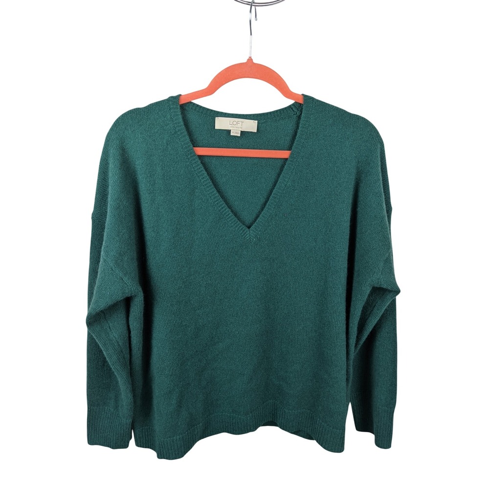 LOFT Cashmere Sweater Womens Medium Forest Green V-Neck Relaxed Pullover Knit